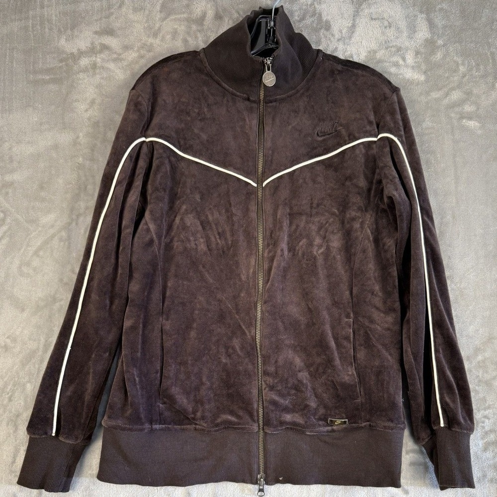 Nike Womens Velour Track Jacket Full Zip Brown White Stripe Sportswear Size L
